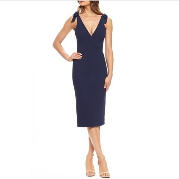 NWT Dress The Population Midnight Blue Lita Tie V-Neck Fitted Midi Dress Medium
